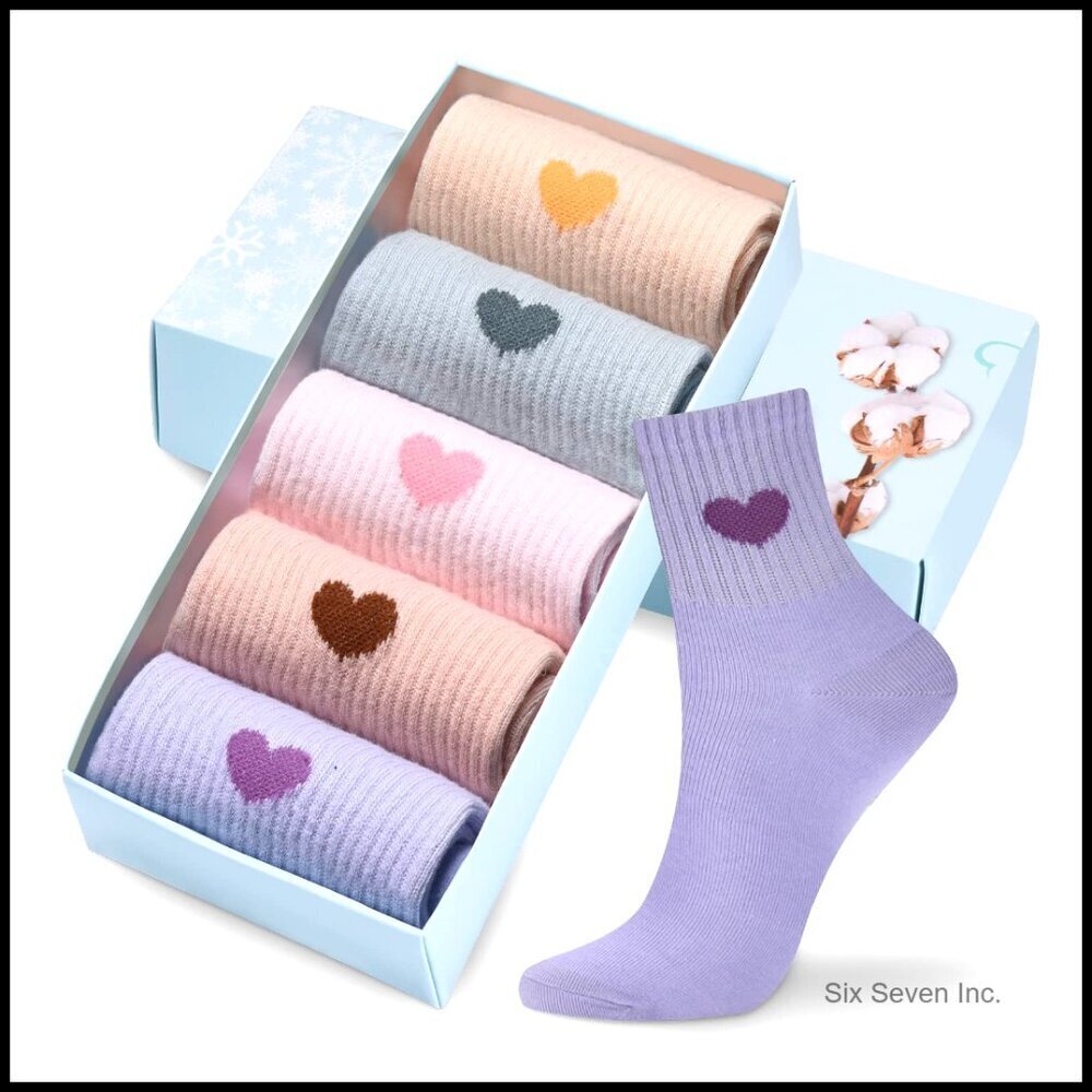 Cotton Crew Athletic Running Socks Ankle High Novelty Heart Design 5-Pair Gift